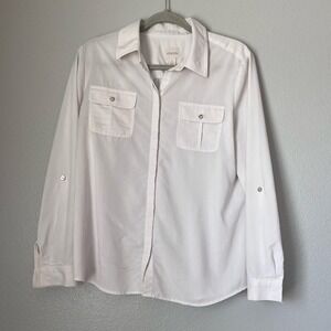 Chicos Popover Top Women 1 White Collared Pockets Roll-Tab Sleeve Casual Blouse‎